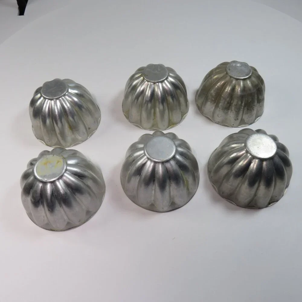 Set of 6 Vintage Aluminum Fluted Jello Molds Individual Scalloped Aspic Tins